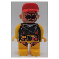 Duplo Figure, Early, Cap Red, Yellow Legs, with Yellow/Black/Red Parachute, Beard, Sunglasses and Headphones Print (Action Wheeler)