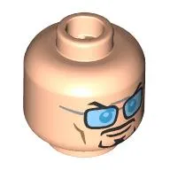 Minifig Head Tony Stark, Black Eyebrows, Moustache, Beard, Raised Eyebrow / Black Glasses with Bright Light Blue Lenses