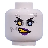 Minifig Head Doey, Yellow Left, Bright Light Blue Right Eye, Light Bluish Grey Eyeshadow, Spots, Dark Purple Lips, Yellow Teeth, Angry Grin/Smile