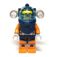 Diver, Man, Dark Blue and Orange Wetsuit, Dark Blue Diving Helmet with Flashlights and Visor, Glasses