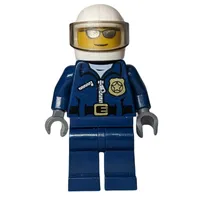 Policeman, Dark Blue Jacket with Zipper, Badge, and 'POLICE' on Back, White Helmet with Visor, Silver Sunglasses