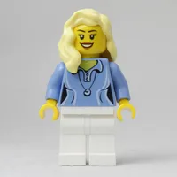Woman, Medium Blue Polo Shirt with Necklace, White Legs, Light Bright Yellow Hair