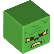 Minifig Head Special, Cube with Semi-Pixelated Zombie, Angry, Bright Light Yellow Eyes, Mouth, Dark Green Wrinkles print