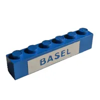 Brick 1 x 6 without Bottom Tubes with Cross Side Supports with Blue on White 'BASEL' print