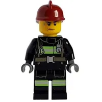 Fireman, Black Fire Suit with Gauge and Straps, Dark Red Helmet, Sweat Drops