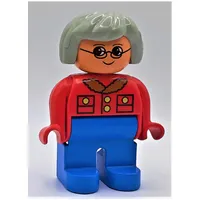 Duplo Figure, Early, Hair Bob Light Gray, Blue Legs, Jacket with Pockets and Collar, Glasses Print