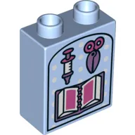 Duplo Brick 1 x 2 x 2 with Bottom Tube and Scissors, Syringe and Book Print