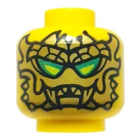 Minifig Head Loyalist Leader, Gold Mask, Lime/Dark Green Eyes / Black Glasses with Lime Lenses, Coral Lips, Gold Markings, Smirk