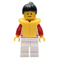 Woman, Red and White Striped Shirt, White Legs, Black Hair, Yellow Life Vest