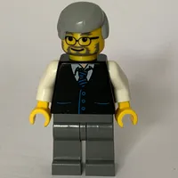 Man, Black Vest over White Shirt with Tie, Dark Bluish Gray Legs, Light Bluish Gray Hair, Beard and Glasses