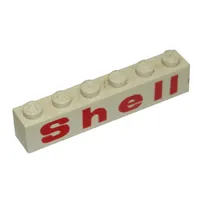 Brick 1 x 6 with Bottom Tubes and 2 Lowered Cross Supports with 'Shell' Rounded 'e', Red Print