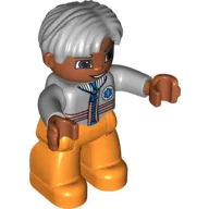 Duplo Figure Side Parted Hair Gray, with Orange Legs, Light Bluish Gray Top with Zipper and Stripes Print (Medic)