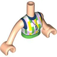 Minidoll Torso Woman with White Top, Dark Blue Collar, Bright Light Orange/Green/Lavender Shapes, Green Belt, Necklace print, Light Nougat Arms and Hands