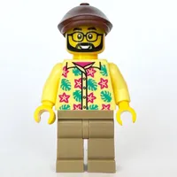 Man, Bright Light Yellow Hawaiian Shirt, Dark Tan Legs, Reddish Brown Flat Cap