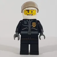Policeman, Black Jacket with Zipper, Radio, Badge, and 'POLICE' on Back, White Helmet with Visor, Open Mouth