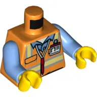 Torso Safety Vest with Reflective Stripes over Medium Blue Shirt, ID Badge, Red Pen around Neck ,'2016 The LEGO Store San Francisco Centre' Print, Medium Blue Arms, Yellow Hands