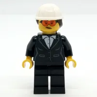 Construction Site Foreman, Black Suit, White Hard Hat with Hair