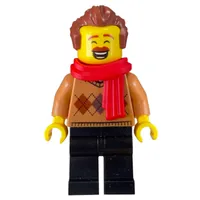 Man, Medium Nougat Sweater, Red Scarf