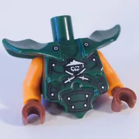 Torso with Molded Shoulder and Waist Extensions, Rivets and Ninja Skull with Crossed Swords Print, Orange Arms, Reddish Brown Hands