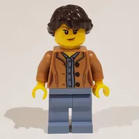 Woman, Medium Nougat Jacket, Sand Blue Legs, Dark Brown Hair