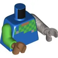 Torso, Odd Arms and Hands, Pixelated Checkered Green/Bright Green Shirt, Blue Overall print, Left Flat Silver Arm and Hand, Right Bright Green Arm and Medium Nougat Hand
