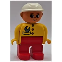 Duplo Figure, Early, Hard Hat White, Red Legs, Wrench in Pocket, Eyelashes Print