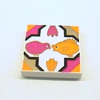 Tile 2 x 2 with Bird, Fish, Flowers in Quatrefoil Magenta/Gold/Medium Orange Print