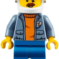 Coast Guard, Open Sand Blue Jacket with Badge over Orange Sweater, White Helmet with Visor, Moustache