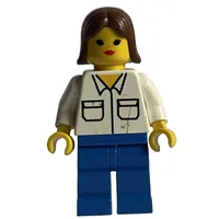 Woman, White Shirt with Pockets, Blue Legs, Brown Hair