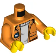 Torso Jacket with Pockets over White Sweater, Arctic Explorer Logo on Reverse Print, Orange Arms, Yellow Hands