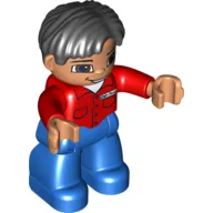 Duplo Figure Side Parted Hair Black, with Blue Legs, Red Shirt with Pockets and Name Tag, Brown Eyes, Nougat Hands