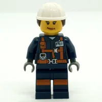 Miner, Woman, Dark Blue Jacket with Straps and ID Badge, White Hard Hat with Hair