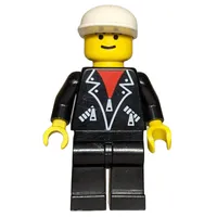 Man, Black Jacket over Red Shirt, Black Legs, White Cap