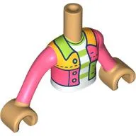 Minidoll Torso Girl with Coral/Bright Light Orange/Lime Patched Jacket, Lime/White Stripes Shirt print, Warm Tan Arms and Hands
