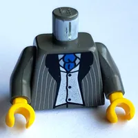 Torso Pinstriped Suit Jacket, Vest Silver, Blue Tie Print, Dark Gray Arms, Yellow Hands