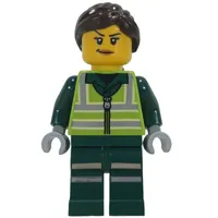 Recycling Worker, Lime Safety Vest, Dark Green Legs, Dark Brown Hair