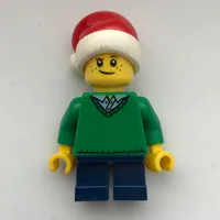 Boy, Green Sweater, Short Dark Blue Legs, Santa Hat