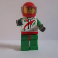 Racer, White, Green, and Red Jumpsuit, Red Helmet with Visor