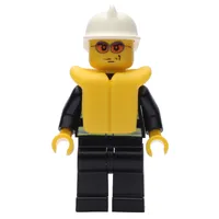 Fireman, Black Fire Jacket with Reflective Stripes, Radio, and Badge, White Helmet, Yellow Life Vest, Orange Sunglasses