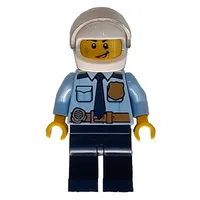 Policeman, Bright Light Blue Shirt with Dark Blue Tie, Badge, and Radio on Belt, White Helmet with Visor, Scar