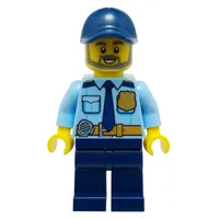 Policeman, Bright Light Blue Shirt with Dark Blue Tie, Badge, and Radio on Belt, Dark Blue Cap, Beard