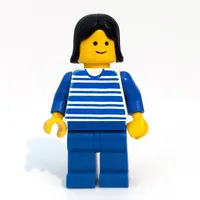 Woman, Blue and White Stripe Shirt, Blue Legs, Black Hair