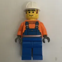 Construction Worker, Blue Overalls over Orange Sweater, White Hard Hat, Printed Hair and Stubble