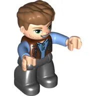 Duplo Figure with Thick Hair Combed Forward, with Black Legs, Medium Blue Shirt under Vest (Owen Grady)