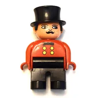 Duplo Figure, Early, Top Hat Black, Black Legs, Yellow Buttons and Black Bow Tie Print (Circus Ringmaster)