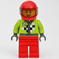 Racer with Lime Jacket with Black and White Checks, Red Helmet with Trans-Brown Visor