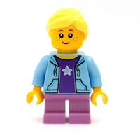 Girl, Open Bright Light Blue Hoodie over Dark Purple Shirt with Star, Short Medium Lavender Legs, Bright Light Yellow Hair
