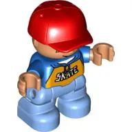 Duplo Figure Child with Cap Red, with Blue Shirt with 'SKATE' print - Freckles - Medium Blue Legs