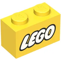 Brick 1 x 2 with LEGO Logo Closed O White with Black Outline Print