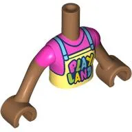 Minidoll Torso Girl with Medium Nougat Arms and Hands with Bright Light Yellow Apron, Medium Blue Straps, Dark Pink Shirt, 'PLAY LAND' print